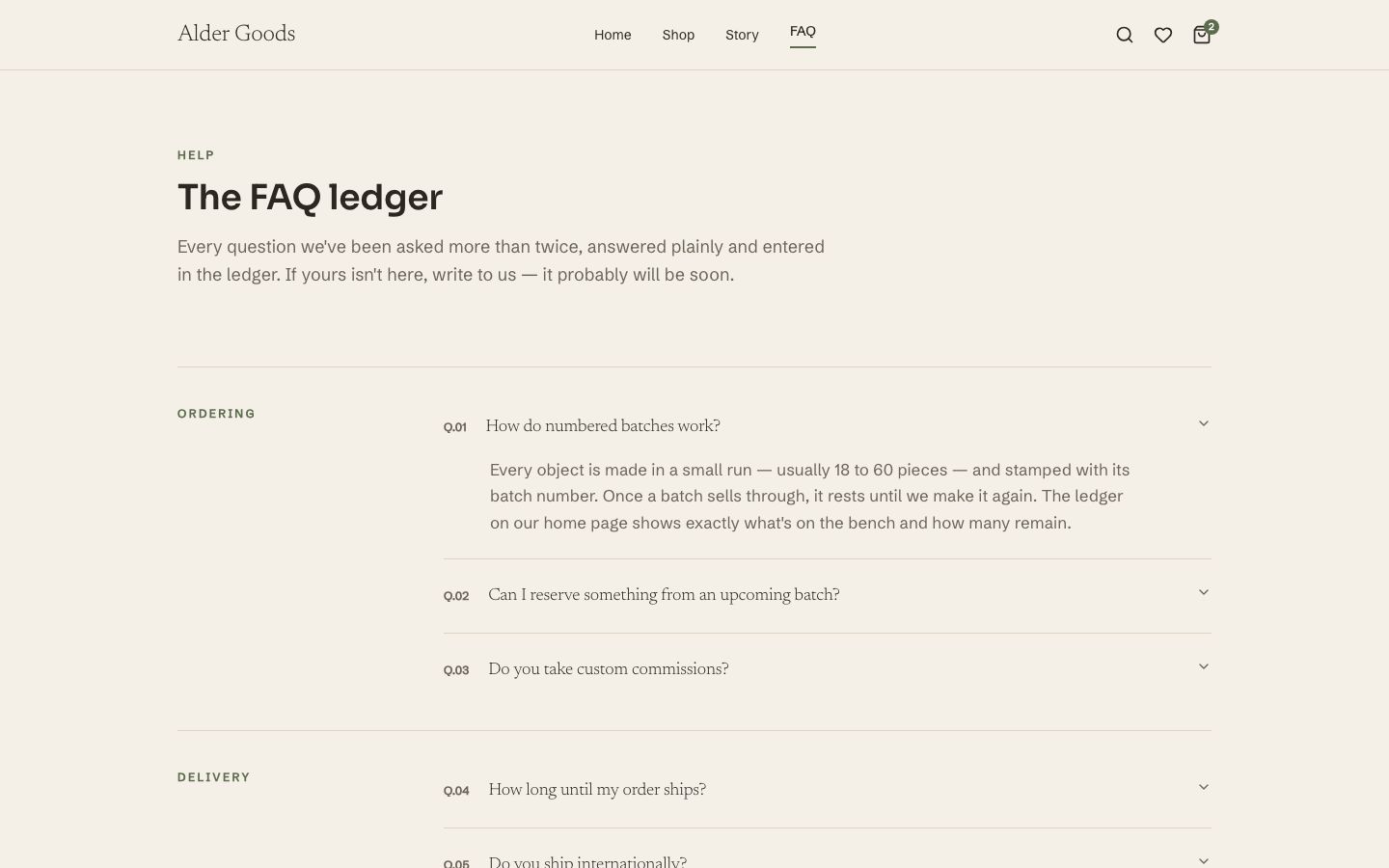 Artisan Ecommerce Website Template — faq page screenshot