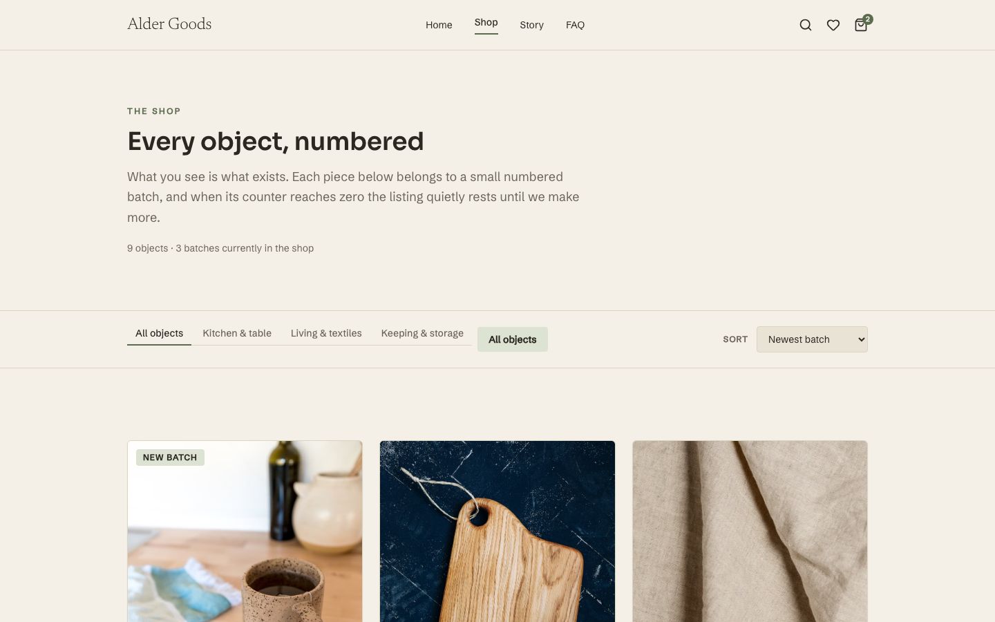 Artisan Ecommerce Website Template — shop page screenshot