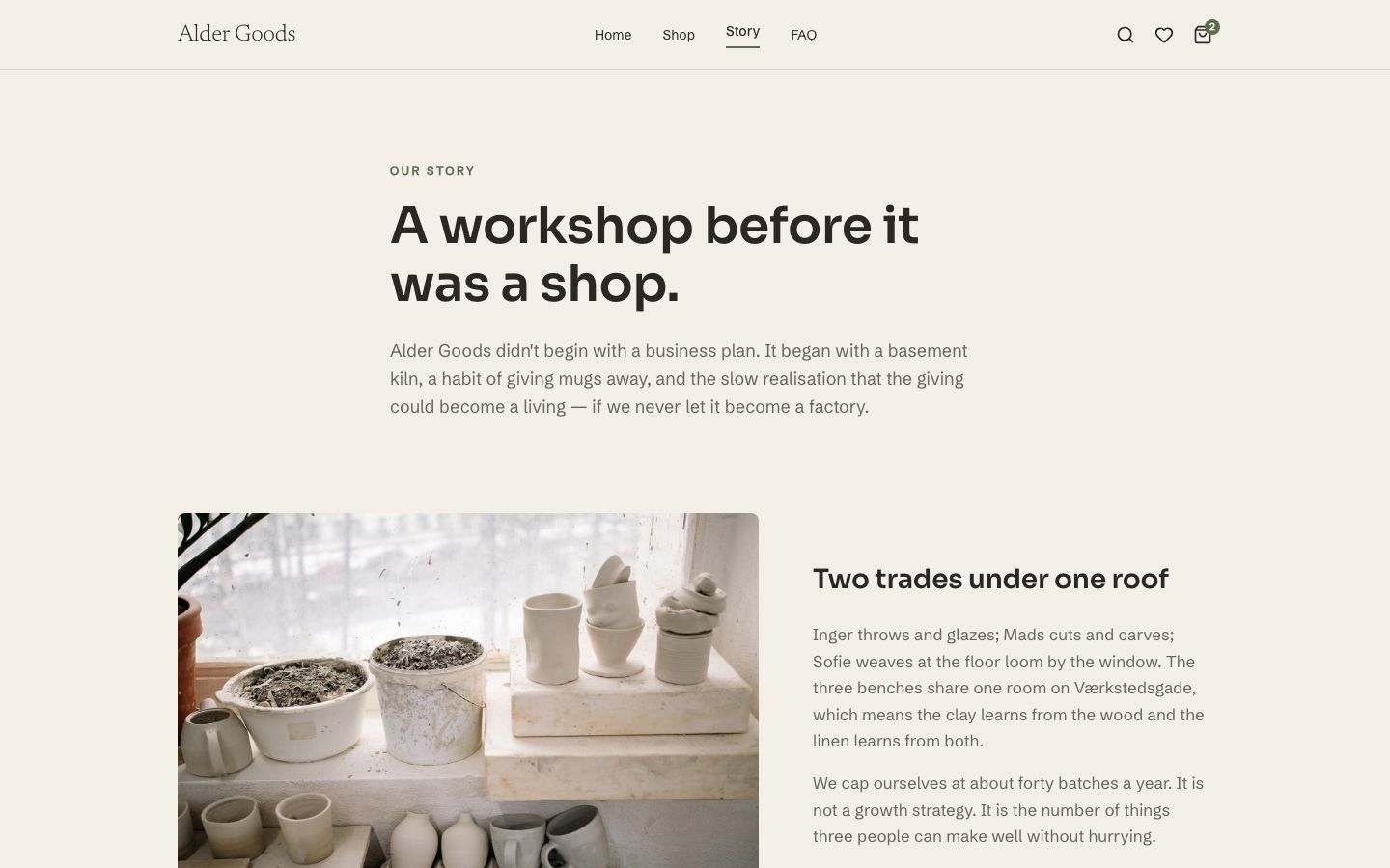 Artisan Ecommerce Website Template — story page screenshot