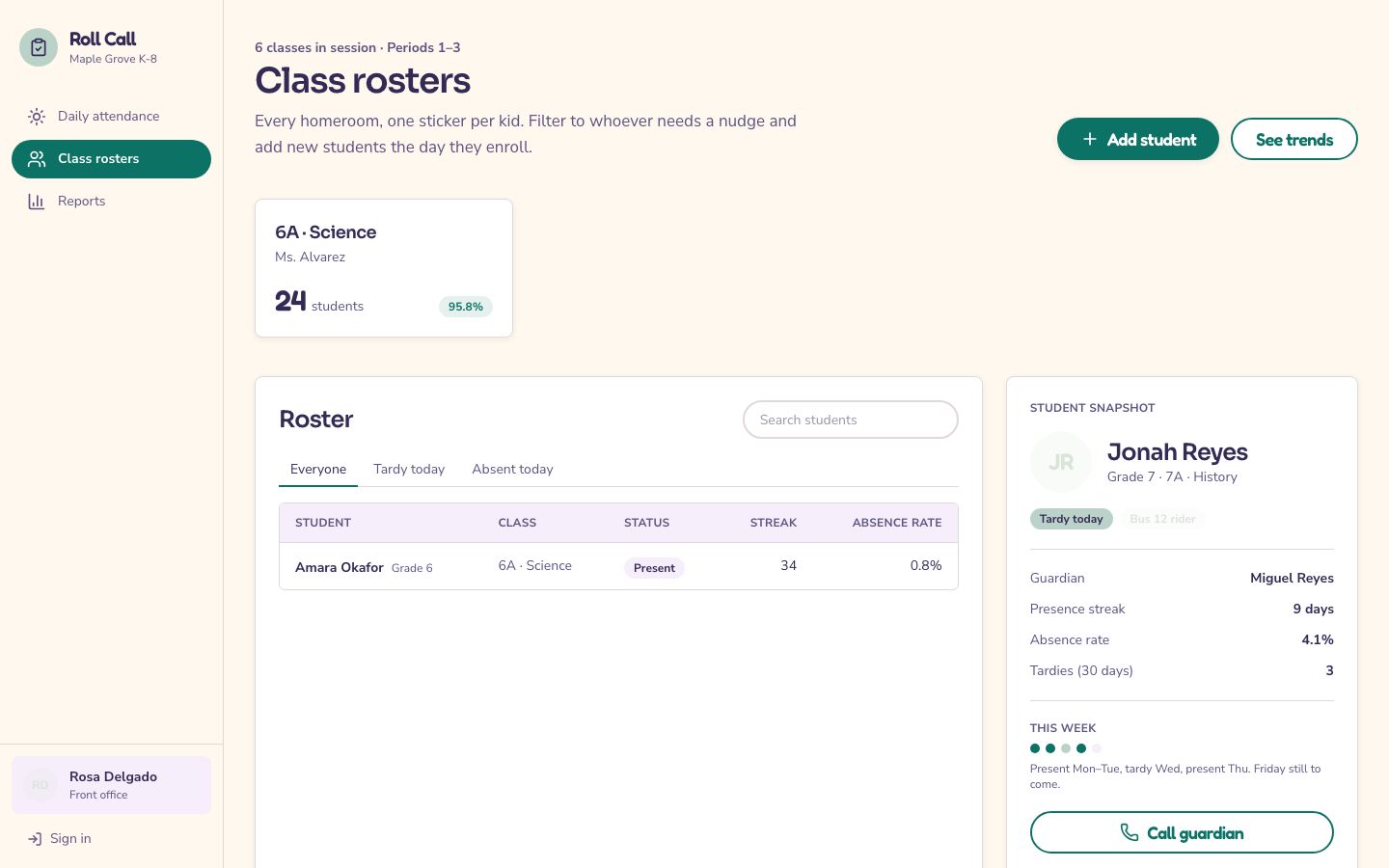 Student Attendance Tracker Template — classes page screenshot