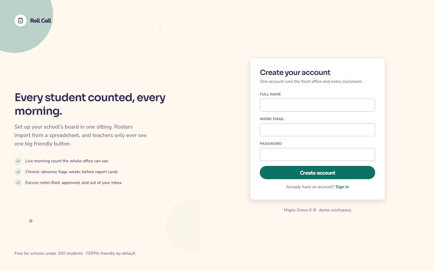Student Attendance Tracker Template — signup page screenshot
