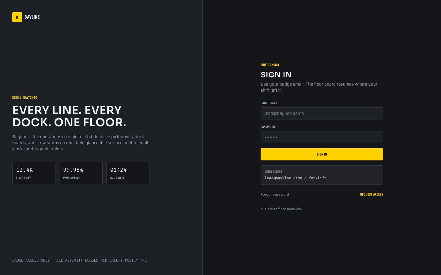 Warehouse Operations Dashboard Template — login page screenshot