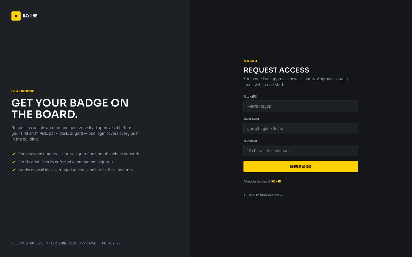 Warehouse Operations Dashboard Template — signup page screenshot